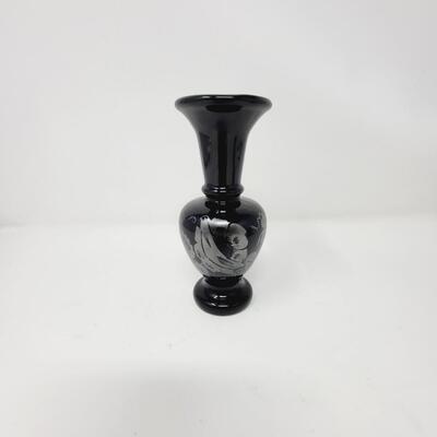VINTAGE FENTON HAND PAINTED SILVER POPPIES BLACK GLASS BUD VASE - SIGNED