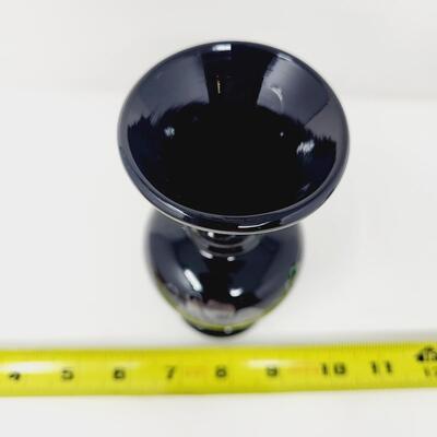 VINTAGE FENTON HAND PAINTED SILVER POPPIES BLACK GLASS BUD VASE - SIGNED