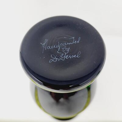 VINTAGE FENTON HAND PAINTED SILVER POPPIES BLACK GLASS BUD VASE - SIGNED