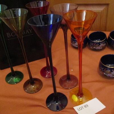 Silverplated Marriage cup. Mult-color glass stemware, Japanese bowl set