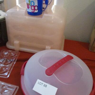 Tri-level cupcake holder. Canisters