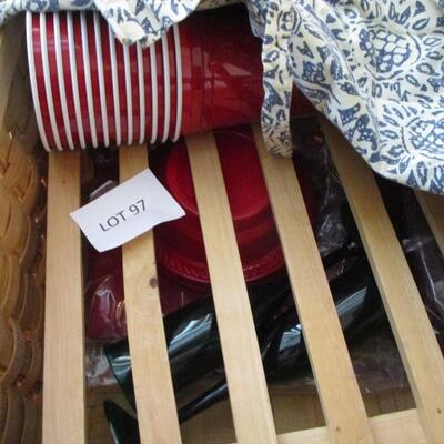 Wooden Picnic Basket w/supplies. Food Slicer