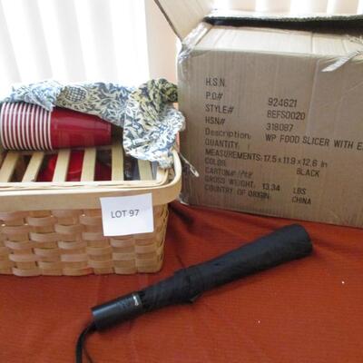 Wooden Picnic Basket w/supplies. Food Slicer