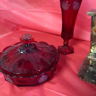 C60- Fostoria Red Candy Dish, Vase & 2 Music Boxes