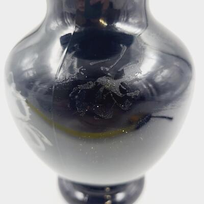 FENTON HAND PAINTED SILVER POPPIES BLACK AMETHYST GLASS WIDE VASE - SIGNED