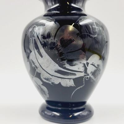 FENTON HAND PAINTED SILVER POPPIES BLACK AMETHYST GLASS WIDE VASE - SIGNED