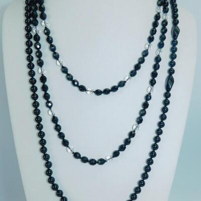 Two Vintage Jet Glass Bead Necklaces