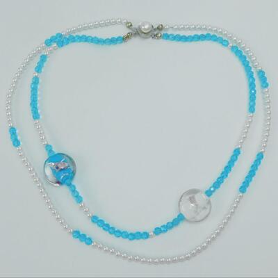 Pretty Aqua Bead & Art Glass Necklace with 925 Clasp