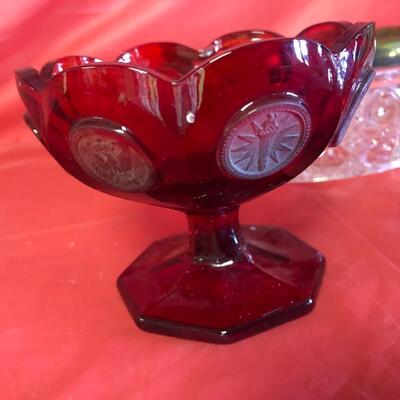 P11- Red Fostoria, crystal bowl, Lidded jar