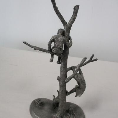 International Pewter Statue/Figurine Boy & Girl Playing In Tree