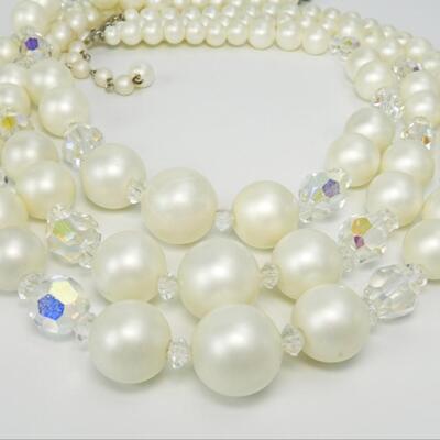 Vintage Crystal & Pearl Bead Three Strand Necklace