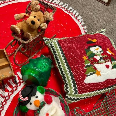 Christmas Holiday Lot - misc decor - round red throws, pillow, sleds, plush toy, tin mailboxes, etc