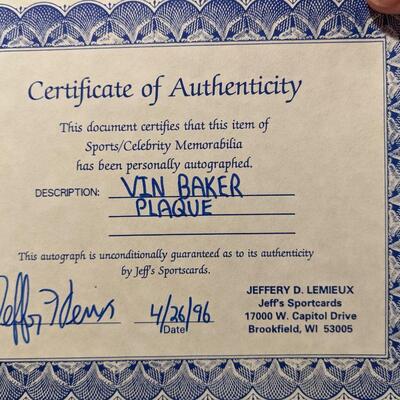 Authentic Autographed Vin Baker Basketball and Plaque, NBA Hologram Seal and COA
