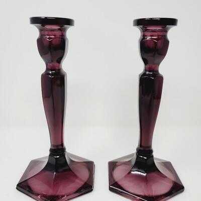 2000'S FENTON ART GLASS AMYTHEST CANDLESTICK HOLDERS