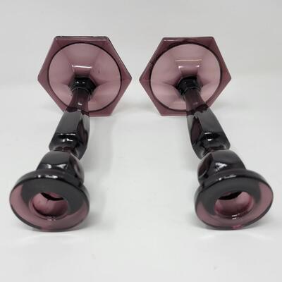 2000'S FENTON ART GLASS AMYTHEST CANDLESTICK HOLDERS