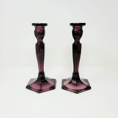 2000'S FENTON ART GLASS AMYTHEST CANDLESTICK HOLDERS