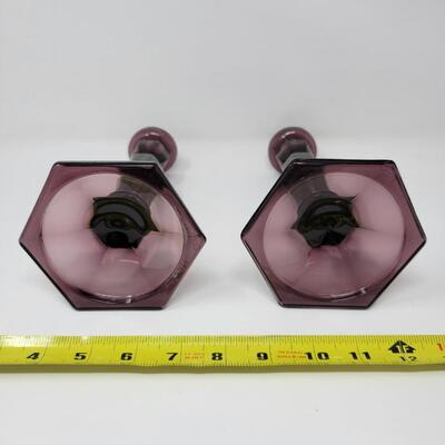 2000'S FENTON ART GLASS AMYTHEST CANDLESTICK HOLDERS