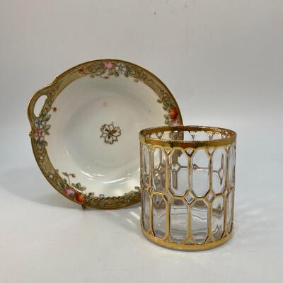 Vintage Small Gold Floral Edge Trinket Dish Bowl & Gold Paned Drink Glass