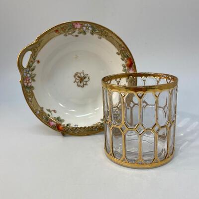 Vintage Small Gold Floral Edge Trinket Dish Bowl & Gold Paned Drink Glass