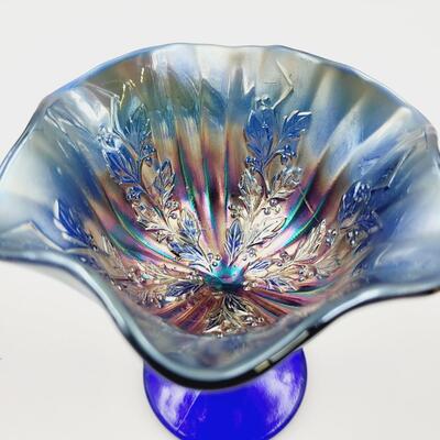 FENTON RIB & HOLLY COLBALT CARNIVAL GLASS COMPOTE