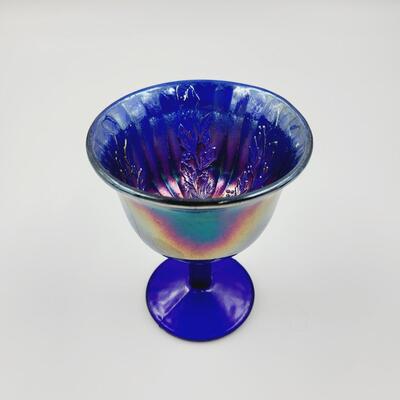 FENTON RIB & HOLLY COLBALT CARNIVAL GLASS GOBLET