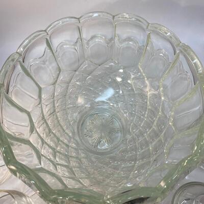 Large Thick Glass Punch Bowl with Glass Ladle, Platter and Mixed Punch Cups
