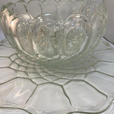 Large Thick Glass Punch Bowl with Glass Ladle, Platter and Mixed Punch Cups