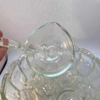 Large Thick Glass Punch Bowl with Glass Ladle, Platter and Mixed Punch Cups