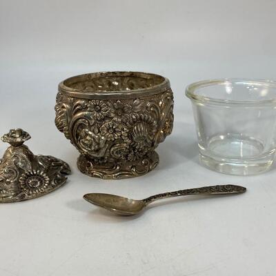 Vintage Silver Plate Floral Embossed Lidded Sugar Jam Jelly Dish w Glass Bowl & Spoon