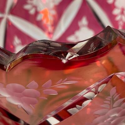 Large Vintage Antique Cranberry Cut to Clear Floral Pattern Glass Mantle Lustres