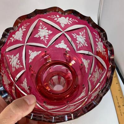 Large Vintage Antique Cranberry Cut to Clear Floral Pattern Glass Mantle Lustres