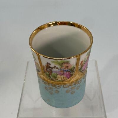 Antique Vintage Porcelain Demitasse Child's Cup Shot Glass with Metal Cup Holder