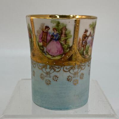 Antique Vintage Porcelain Demitasse Child's Cup Shot Glass with Metal Cup Holder