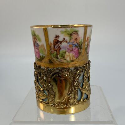 Antique Vintage Porcelain Demitasse Child's Cup Shot Glass with Metal Cup Holder