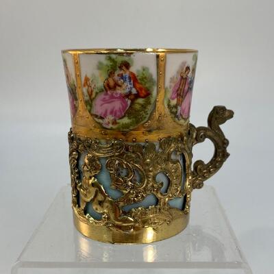 Antique Vintage Porcelain Demitasse Child's Cup Shot Glass with Metal Cup Holder