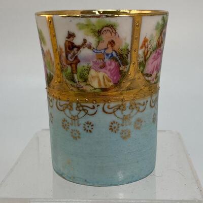 Antique Vintage Porcelain Demitasse Child's Cup Shot Glass with Metal Cup Holder