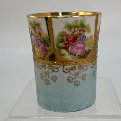 Antique Vintage Porcelain Demitasse Child's Cup Shot Glass with Metal Cup Holder
