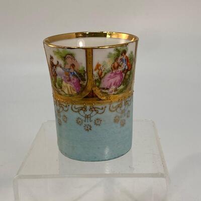 Antique Vintage Porcelain Demitasse Child's Cup Shot Glass with Metal Cup Holder