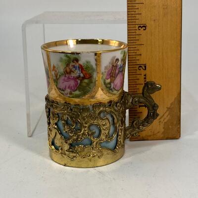 Antique Vintage Porcelain Demitasse Child's Cup Shot Glass with Metal Cup Holder