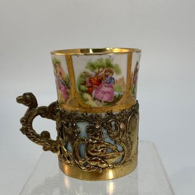 Antique Vintage Porcelain Demitasse Child's Cup Shot Glass with Metal Cup Holder