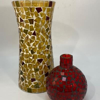 Red & Gold Mosaic Glass Covered Vase & Bottle