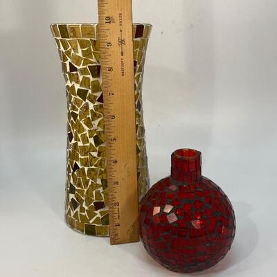 Red & Gold Mosaic Glass Covered Vase & Bottle