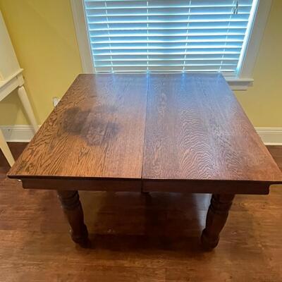 5-Legged Solid Oak Square Dining Room Table With Oak Wheels