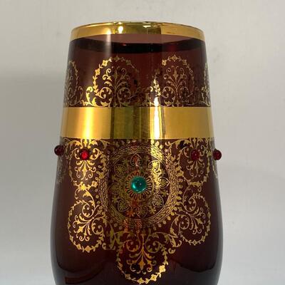 Violet Amethyst Glass Vase Chalice with Gold Medallion Pattern