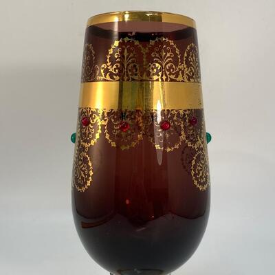 Violet Amethyst Glass Vase Chalice with Gold Medallion Pattern