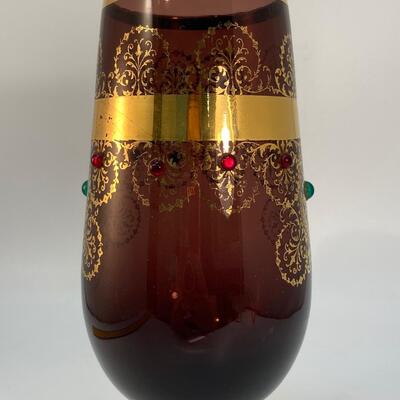 Violet Amethyst Glass Vase Chalice with Gold Medallion Pattern