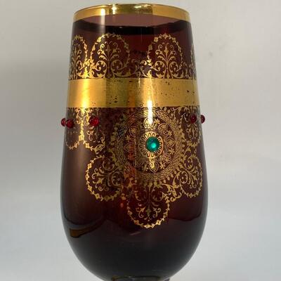 Violet Amethyst Glass Vase Chalice with Gold Medallion Pattern