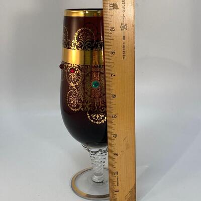 Violet Amethyst Glass Vase Chalice with Gold Medallion Pattern