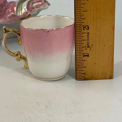 Pink & White Antique Vintage Porcelain Oblong Trinket Dish and Demitasse Cup