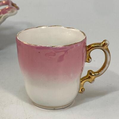 Pink & White Antique Vintage Porcelain Oblong Trinket Dish and Demitasse Cup